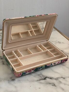 Vintage Floral Mirror Mele Travel Velvet Lined Jewelry Box 10”x7”